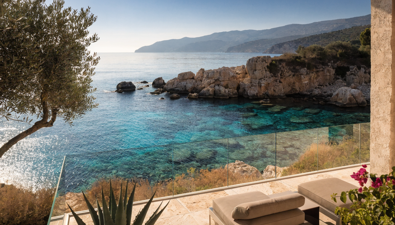 Terrazza sul mare con balaustra in pietra